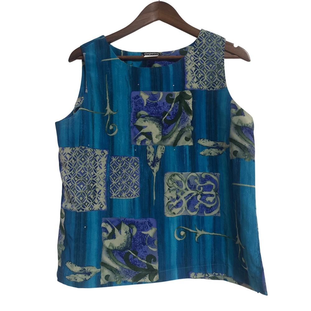 Gepetto Vintage Womens Top Blue Geometric Design Size M
